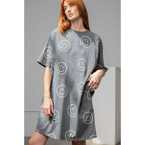 Easel Womens Smiley Happy Oversized Dress or Top in Black New S-L ED18210 - Picture 9 of 11